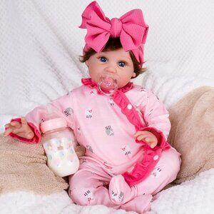 🆕22inch Soft Cloth Body Newborn Baby Poseable Limbs Rose Pink Doll Baby Girl